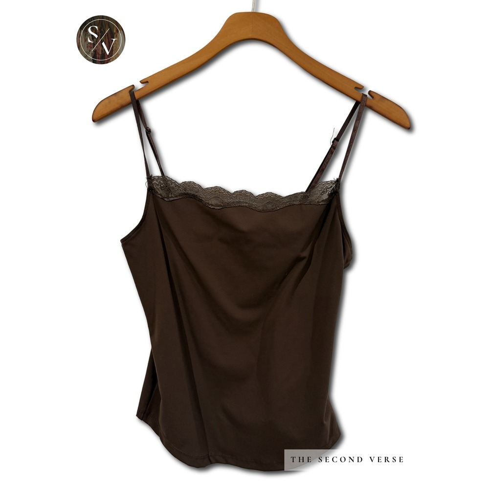 Lace Trim Cami Women Coquette Whimsygoth Adjustable Strap Brown S - Picture 1 of 9